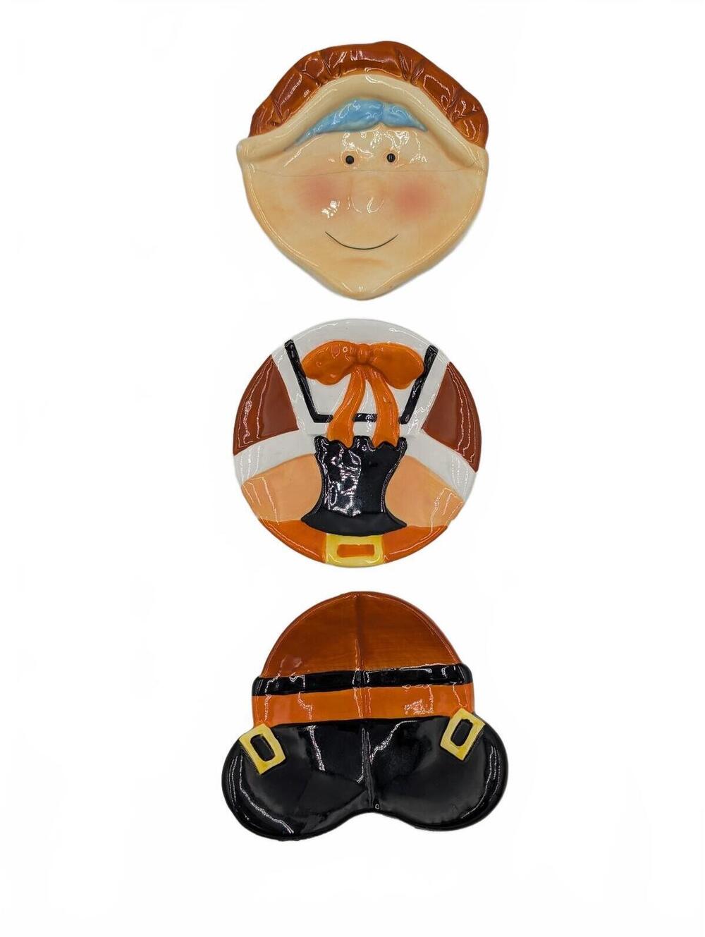 Vintage Ganz 3 Piece Stacking Pilgrim Woman Thanksgiving Dessert Plate Set Fall